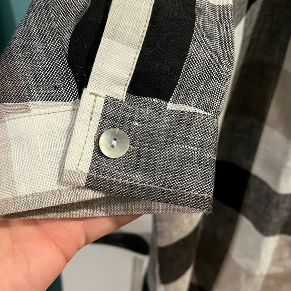Match Point Shirt Dress 100% Linen Big Plaid Roll Tab Sleeves Black Beige Small - Picture 4 of 8